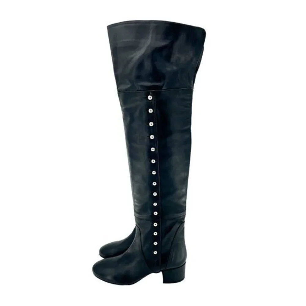 Charles David Boots Black Leather Over-The-Knee Studded Military SZ 6.5 NEW